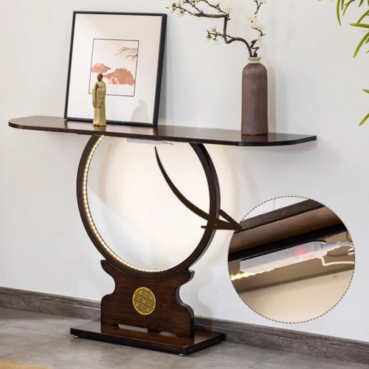 Traditional Dark Brown Circle Wood LED Console Table Image - 6