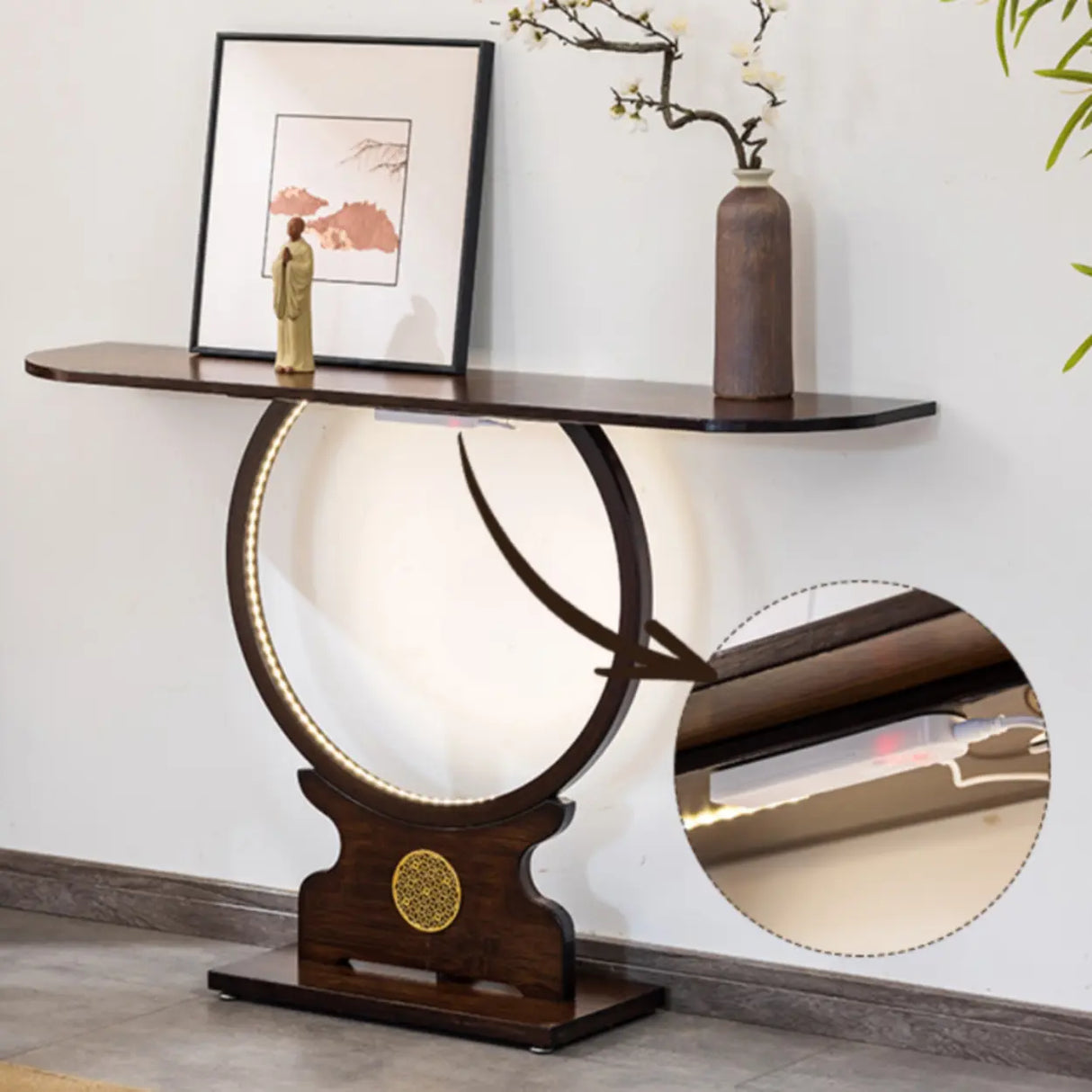 Traditional Dark Brown Circle Wood LED Console Table Image - 6