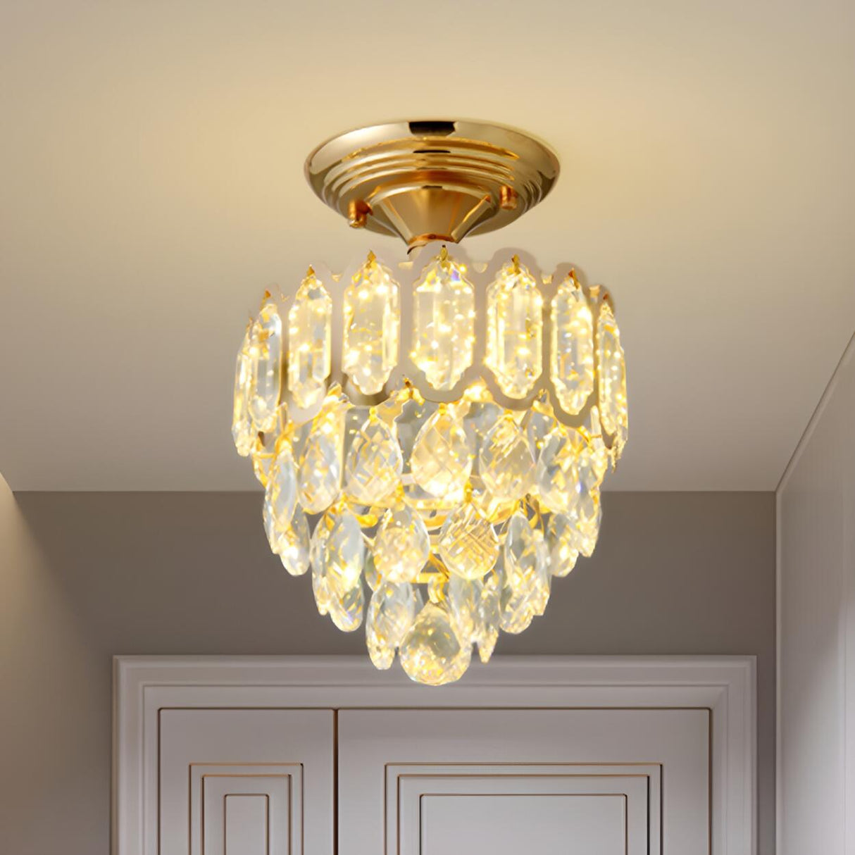 Traditional Gold Teardrop Crystal Semi-Flush Mount Lamp Image - 1