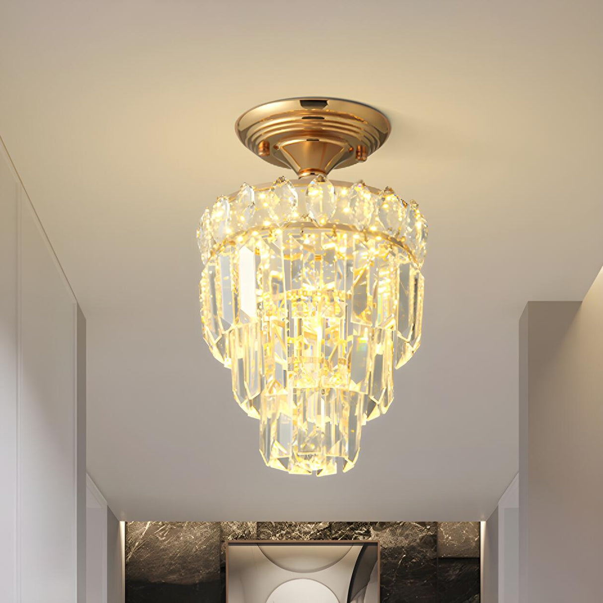 Traditional Gold Teardrop Crystal Semi-Flush Mount Lamp Image - 5