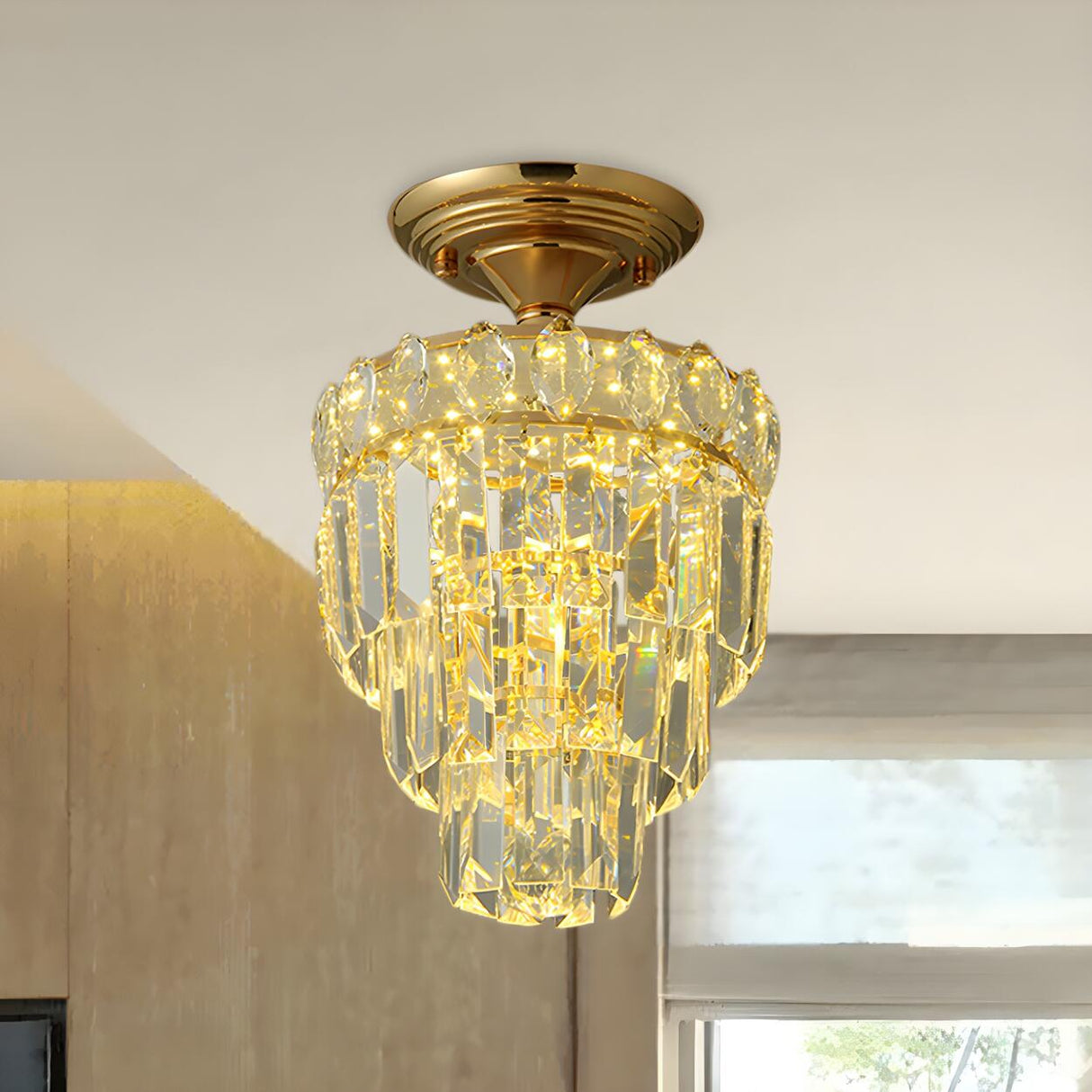 Traditional Gold Teardrop Crystal Semi-Flush Mount Lamp Image - 7