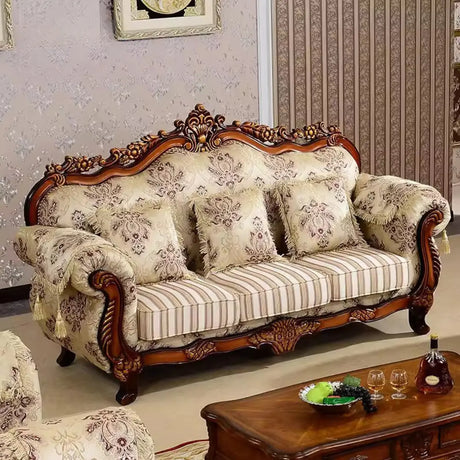 Traditional Green Cotton Linen Print Rolled Arm Sofa Image - 2