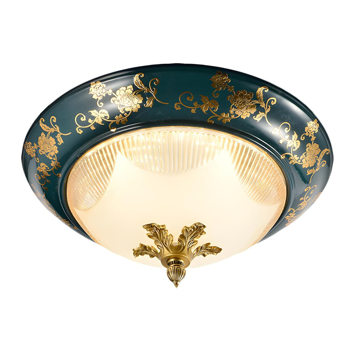 Traditional Green Flower Pattern Bowl Flush Mount Light Image - 3