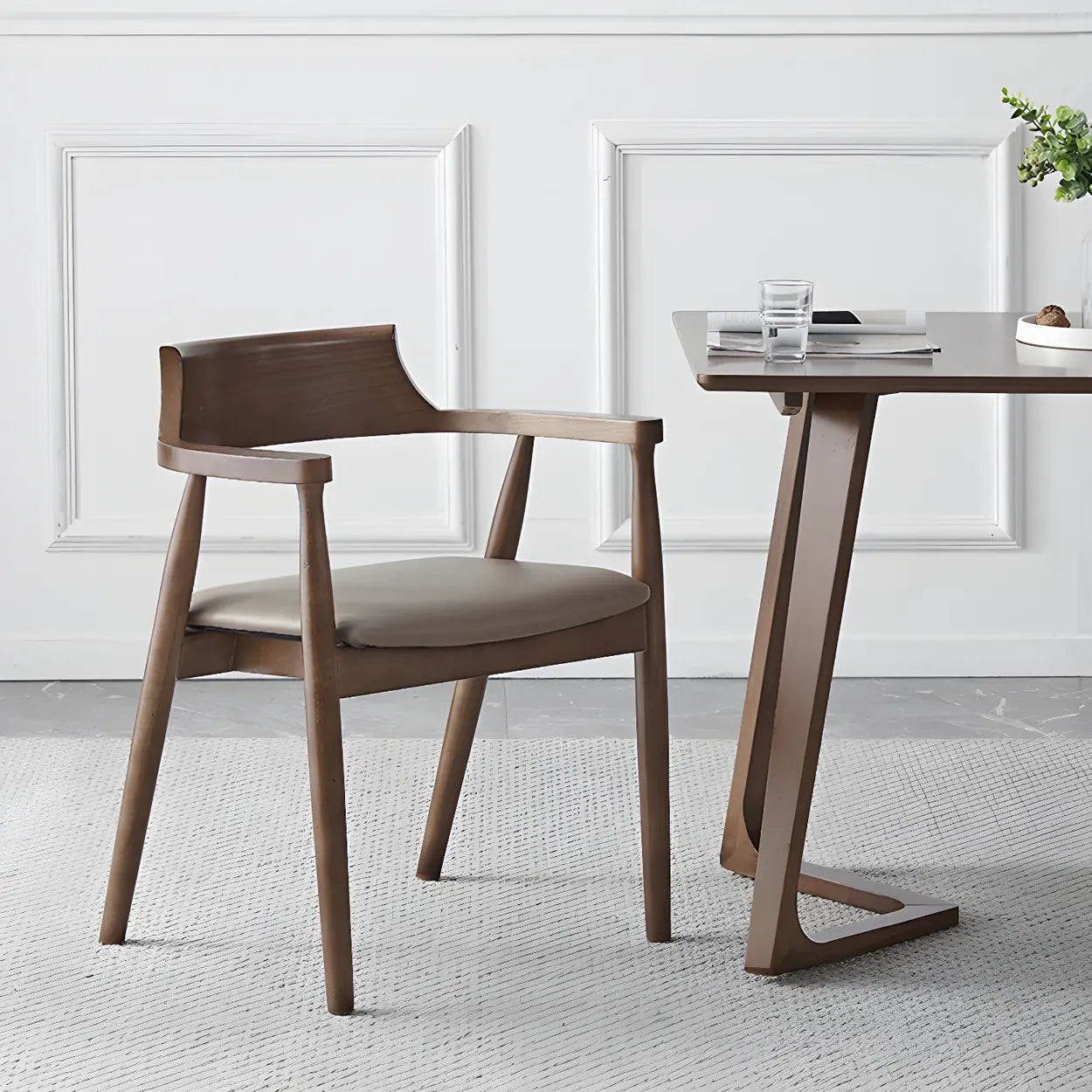 Traditional Low Open Back Wood Armrest Dining Chair Image - 1