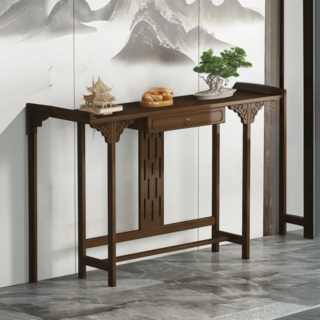 Traditional Narrow Wood Brown Storage Console Table Image - 2