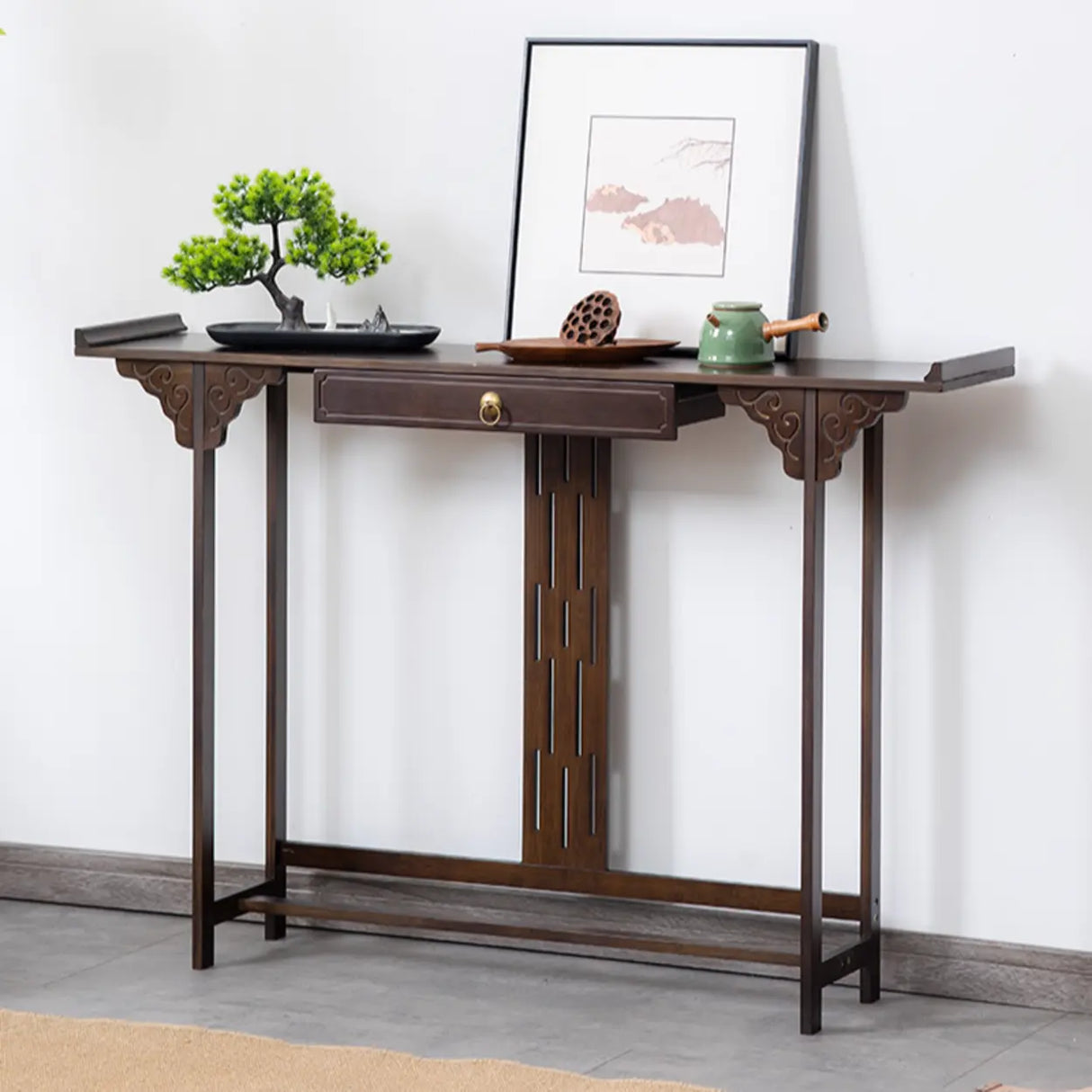 Traditional Narrow Wood Brown Storage Console Table Image - 4