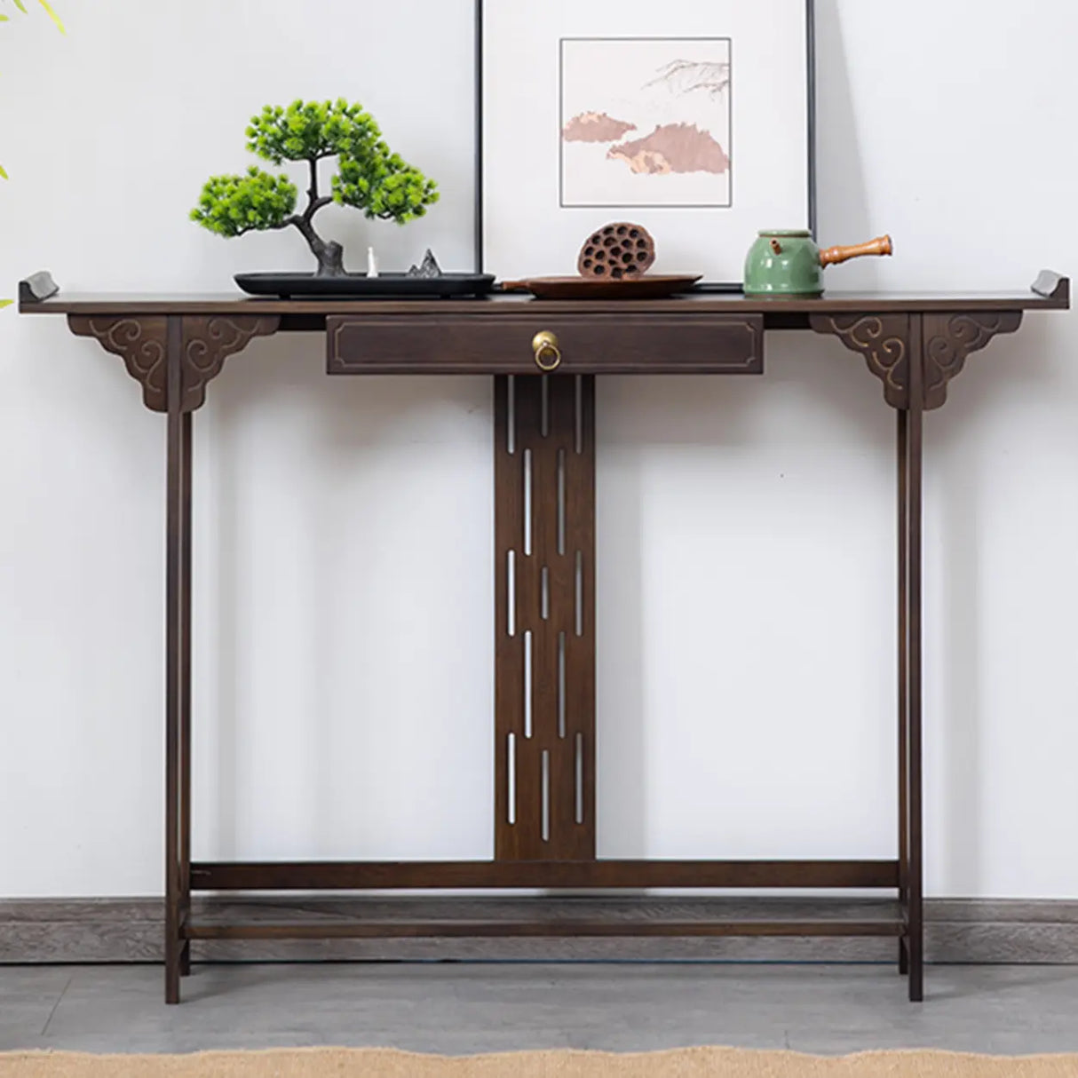 Traditional Narrow Wood Brown Storage Console Table Image - 7