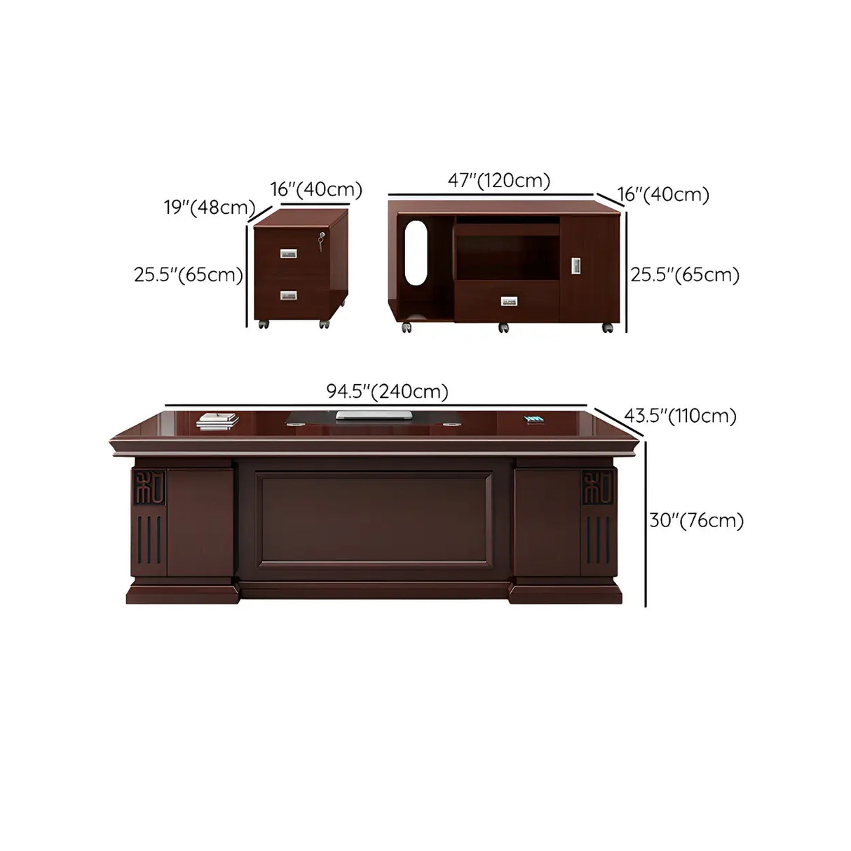 Traditional Red Wood Executive Desk with Storage Drawer Image - 14