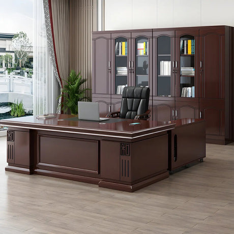 Traditional Red Wood Executive Desk with Storage Drawer Image - 2