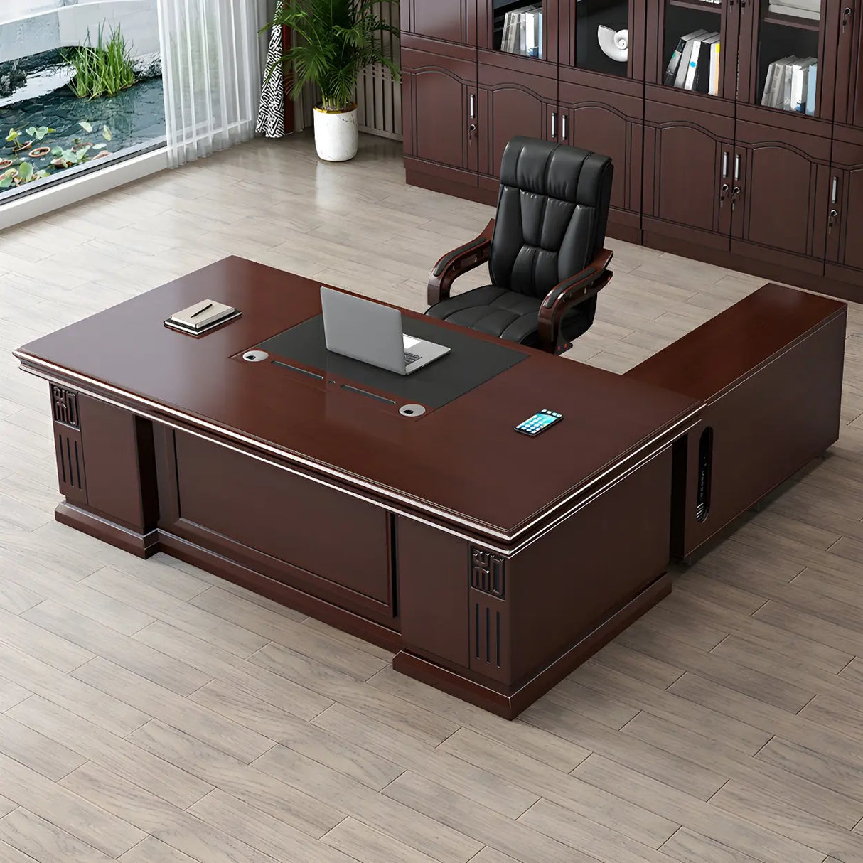 Traditional Red Wood Executive Desk with Storage Drawer Image - 3