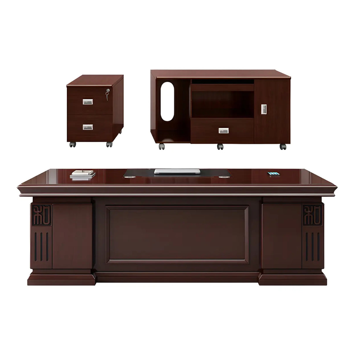 Traditional Red Wood Executive Desk with Storage Drawer Image - 4