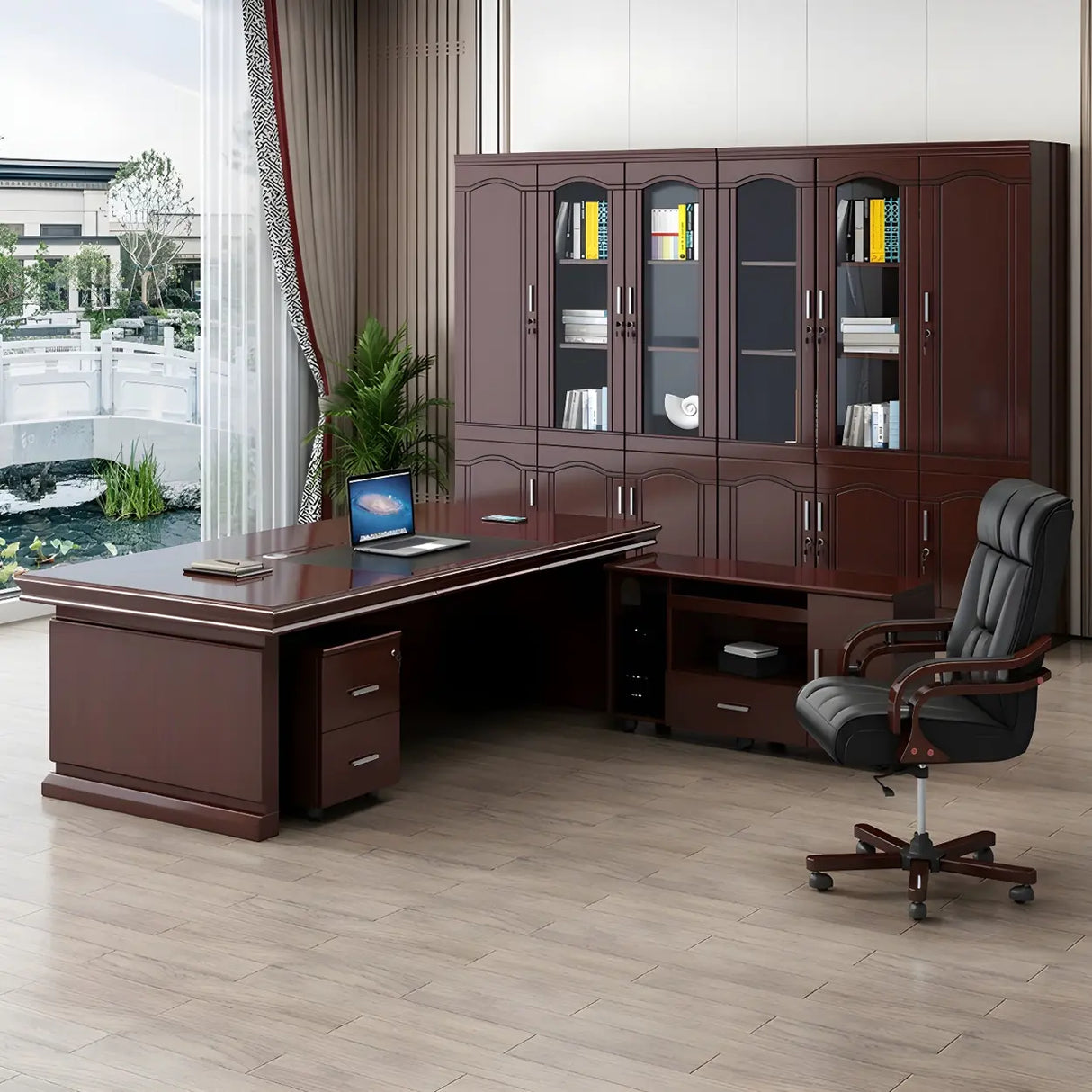 Traditional Red Wood Executive Desk with Storage Drawer Image - 6