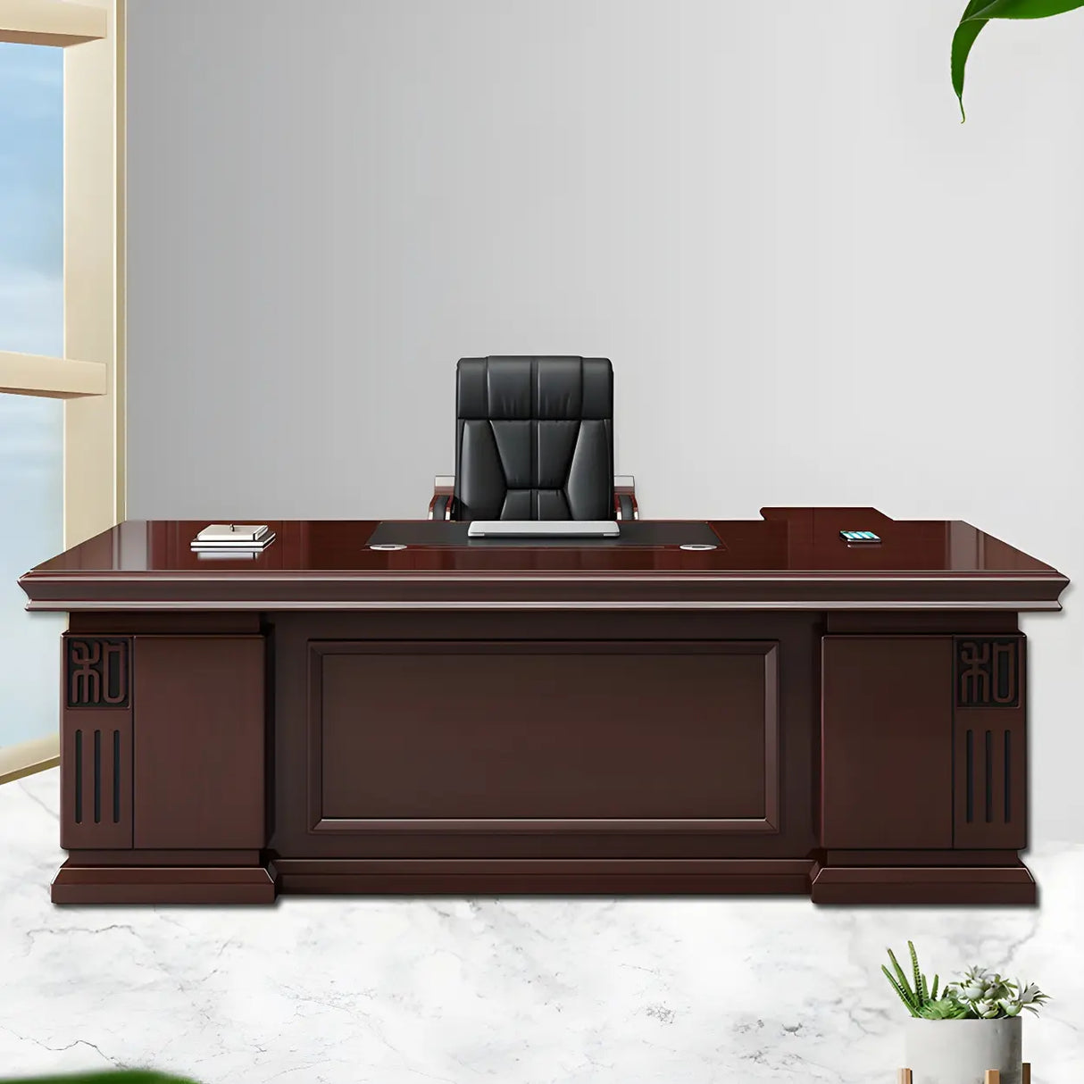 Traditional Red Wood Executive Desk with Storage Drawer Image - 7