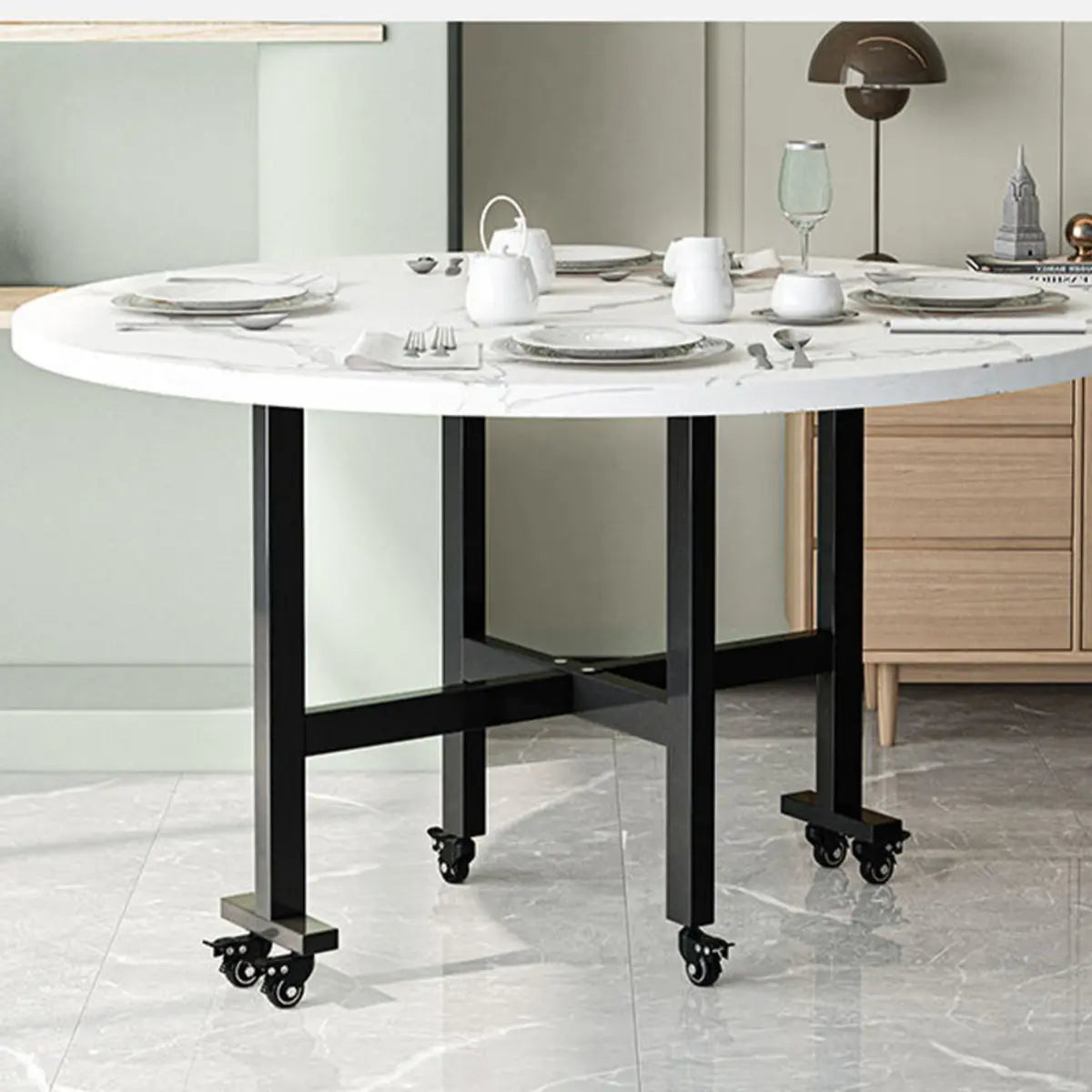 Traditional Round Faux Wood Dining Table Drop Leaf Image - 3