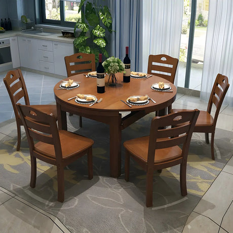 Traditional Round Rubberwood Dining Table Extendable Brown Image - 1