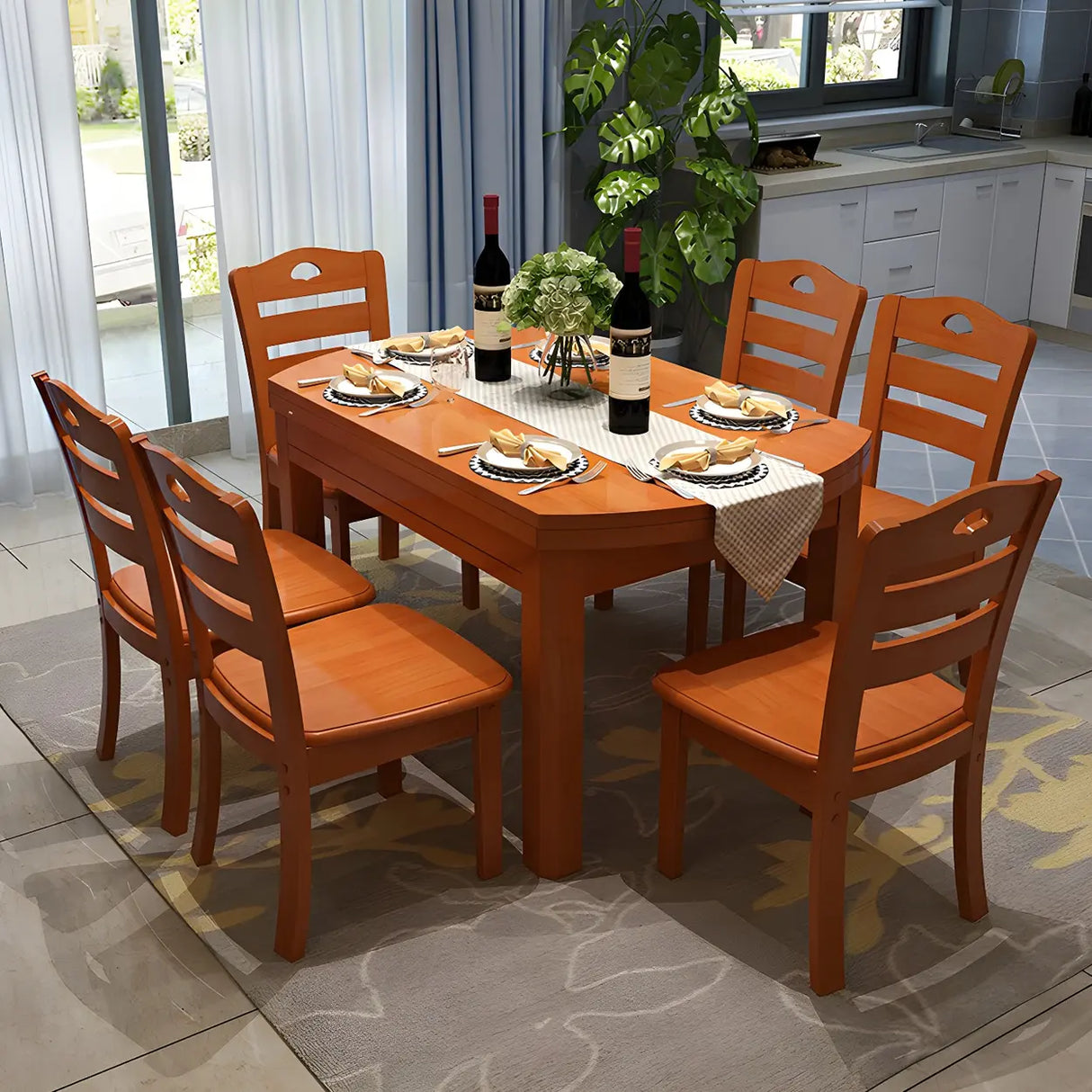 Traditional Round Rubberwood Dining Table Extendable Brown Image - 6