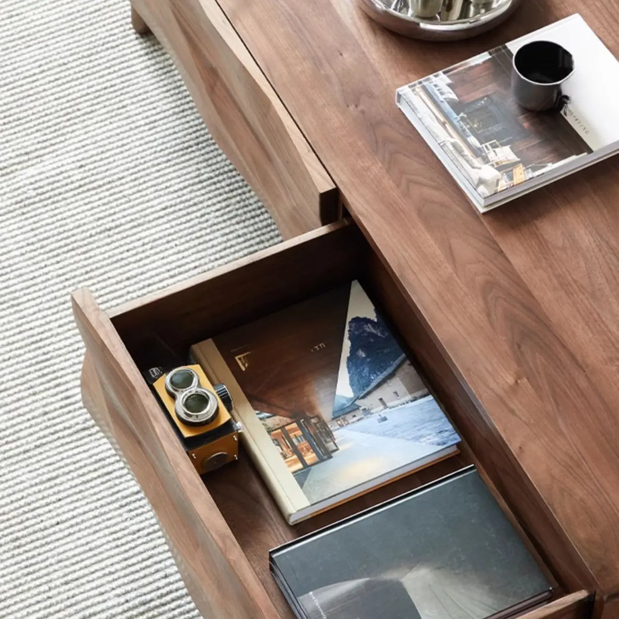 Traditional Solid Walnut Wood Coffee Table with Drawers Image - 5