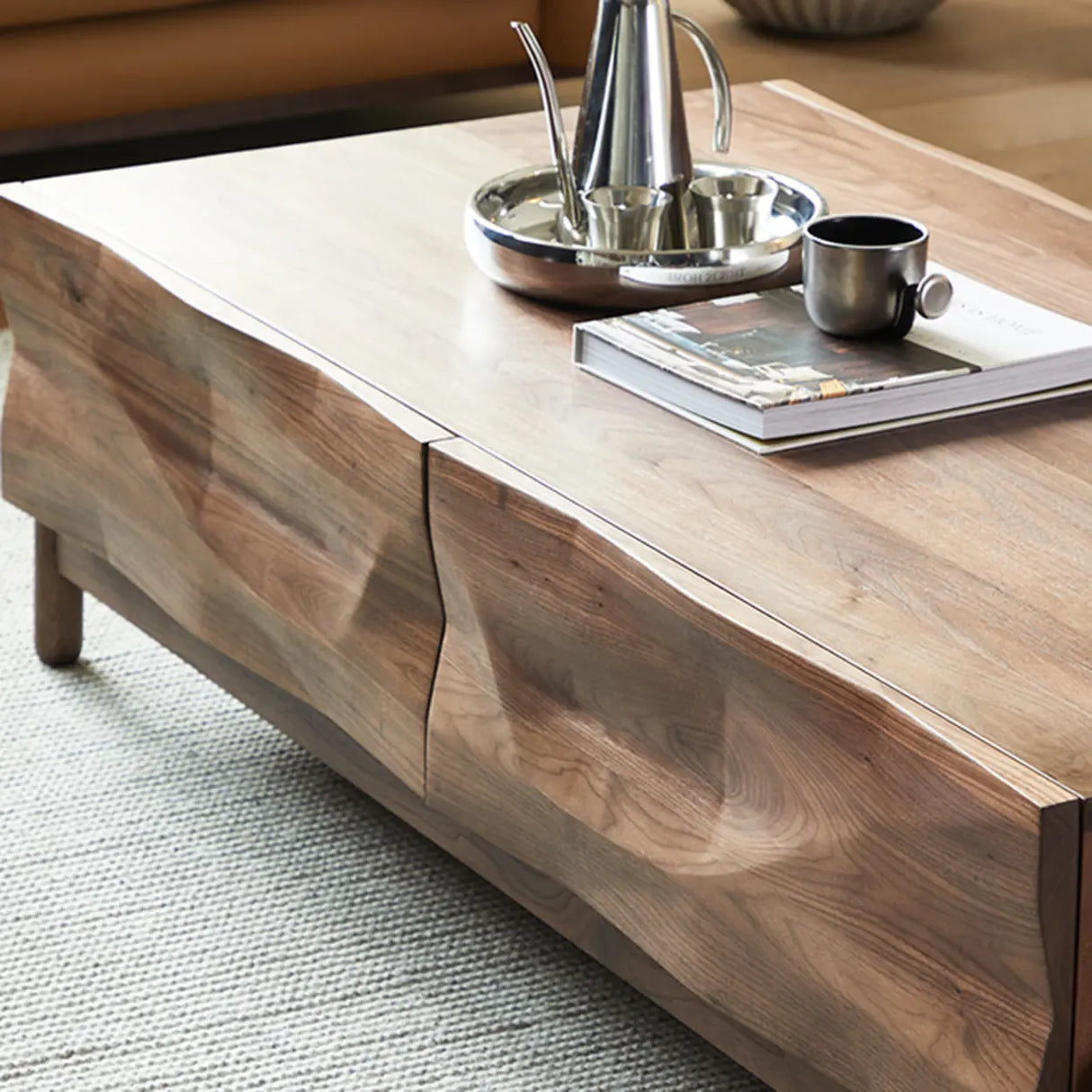 Traditional Solid Walnut Wood Coffee Table with Drawers Image - 7