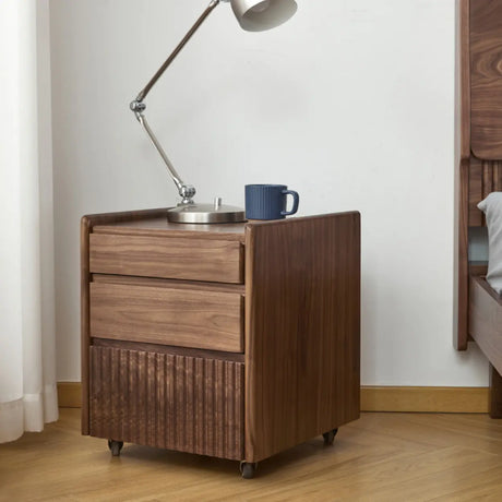 Traditional Walnut Wood Nightstand with Drawers and Casters Image - 2
