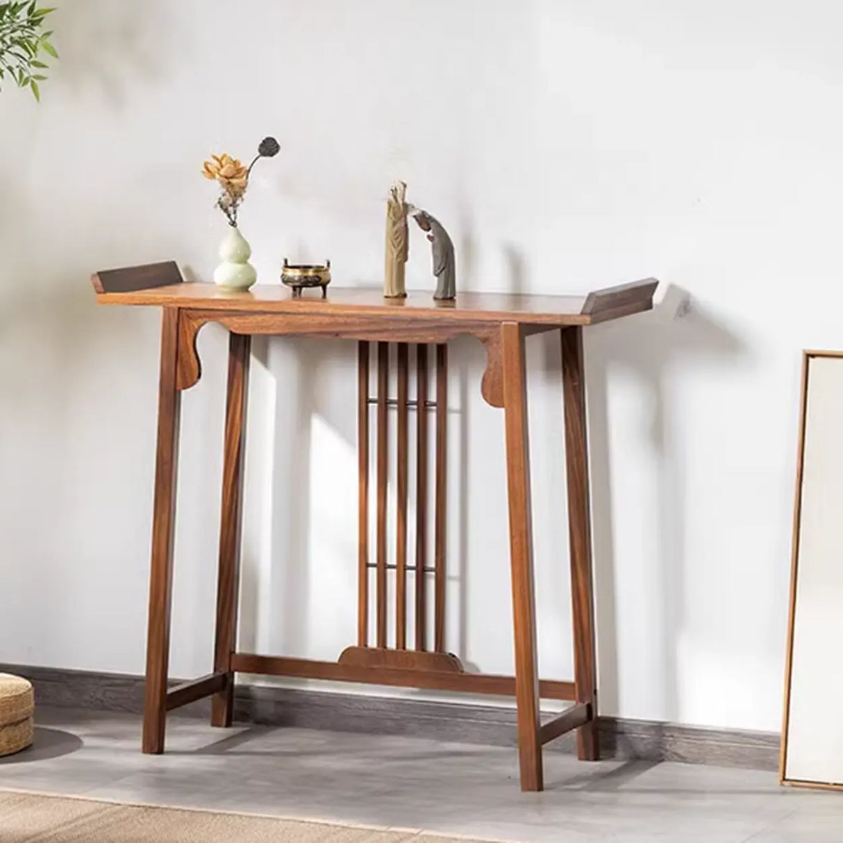 Traditional Walnut Wood Trestle Entryway Console Table Image - 2