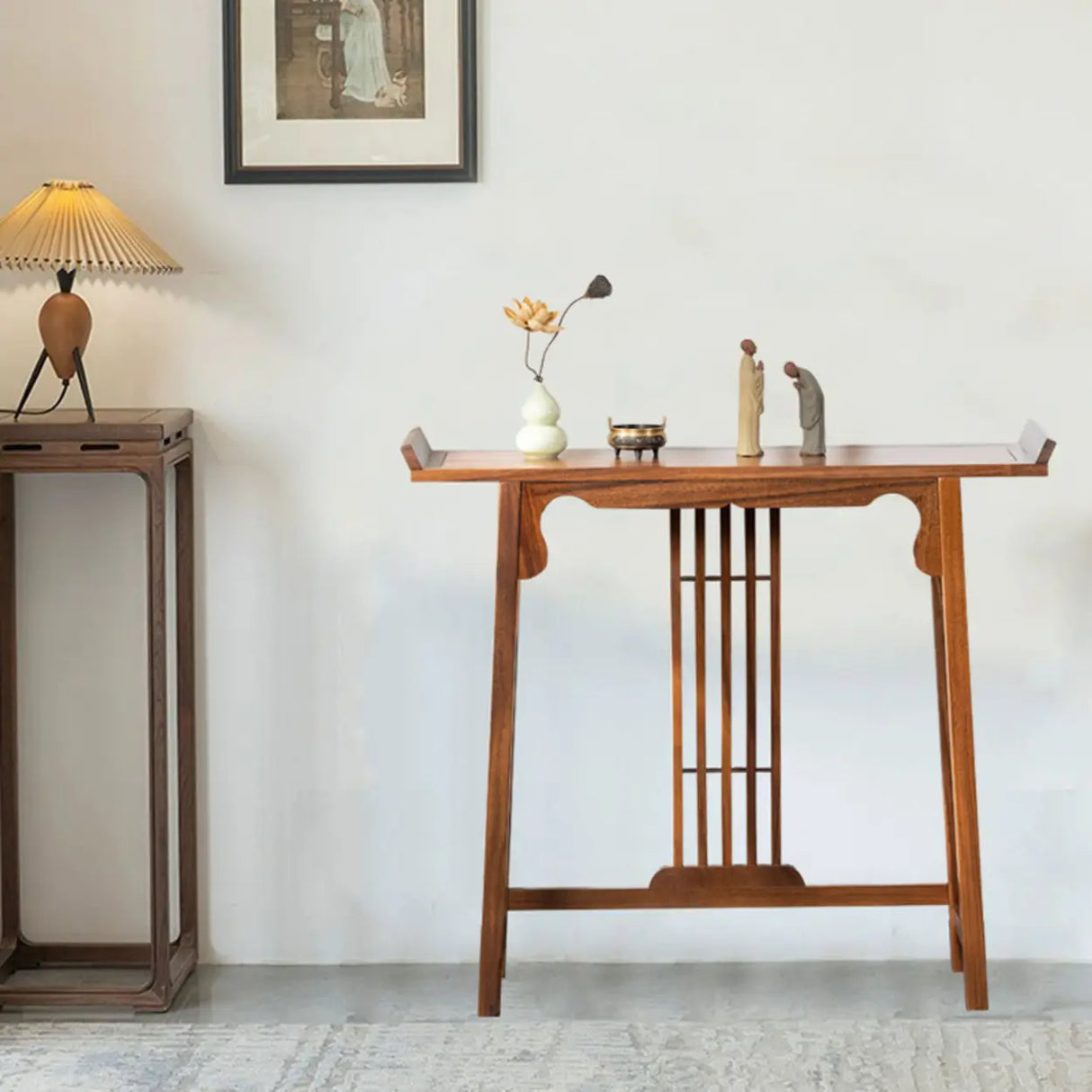 Traditional Walnut Wood Trestle Entryway Console Table Image - 5