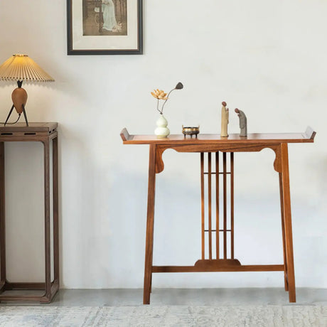 Traditional Walnut Wood Trestle Entryway Console Table Image - 5