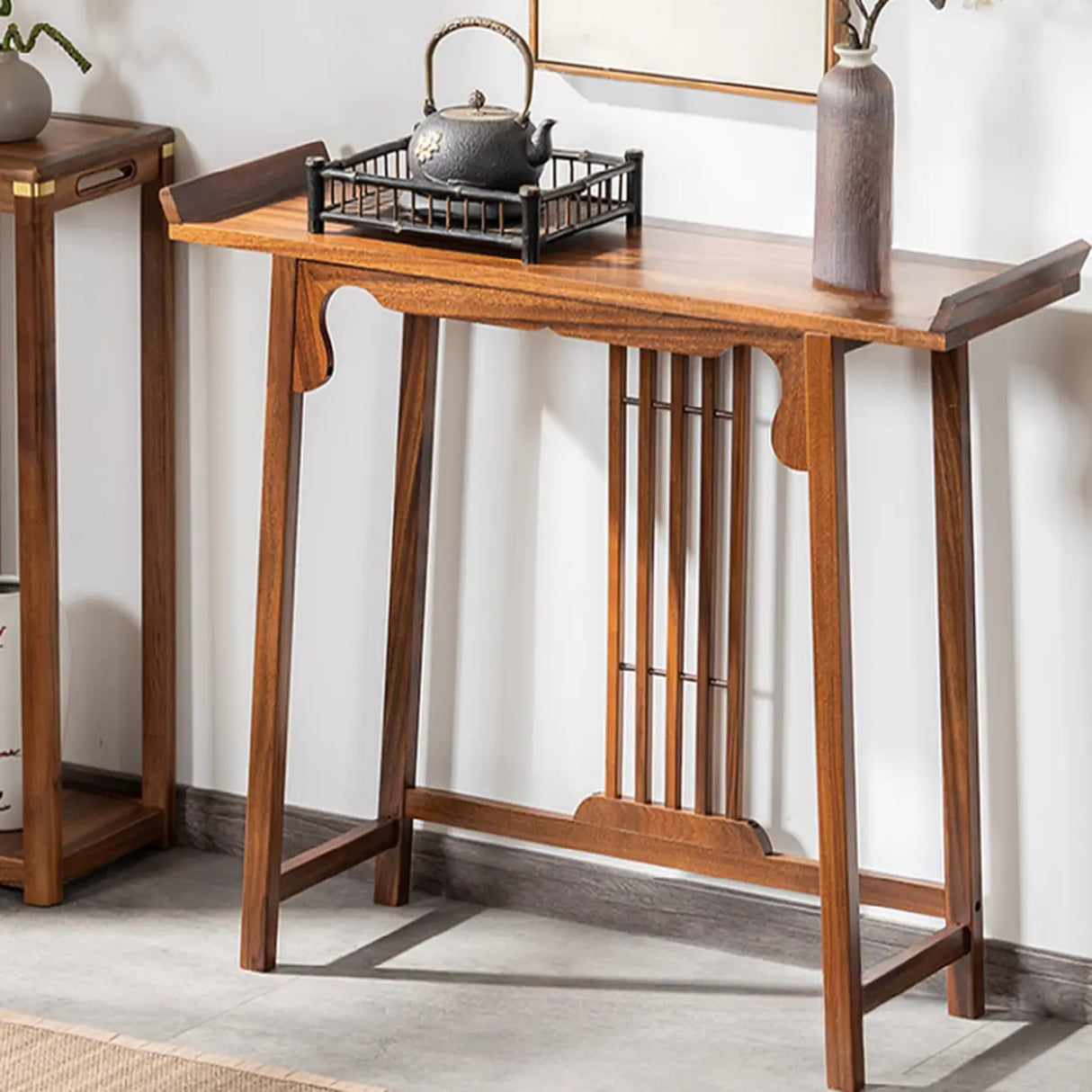 Traditional Walnut Wood Trestle Entryway Console Table Image - 3