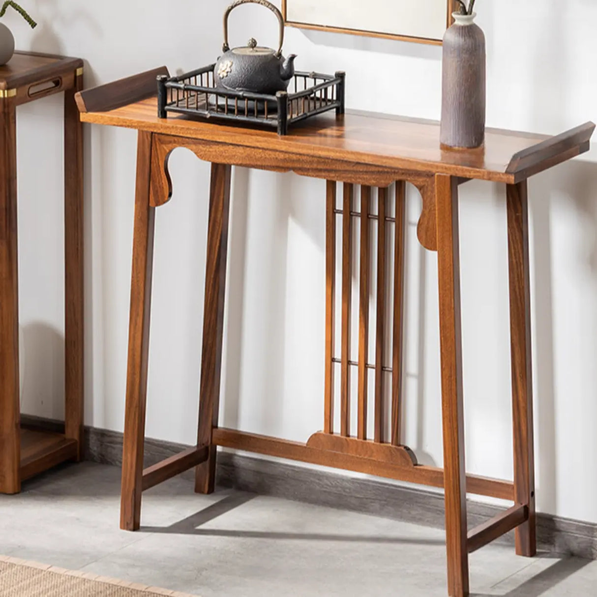 Traditional Walnut Wood Trestle Entryway Console Table Image - 10