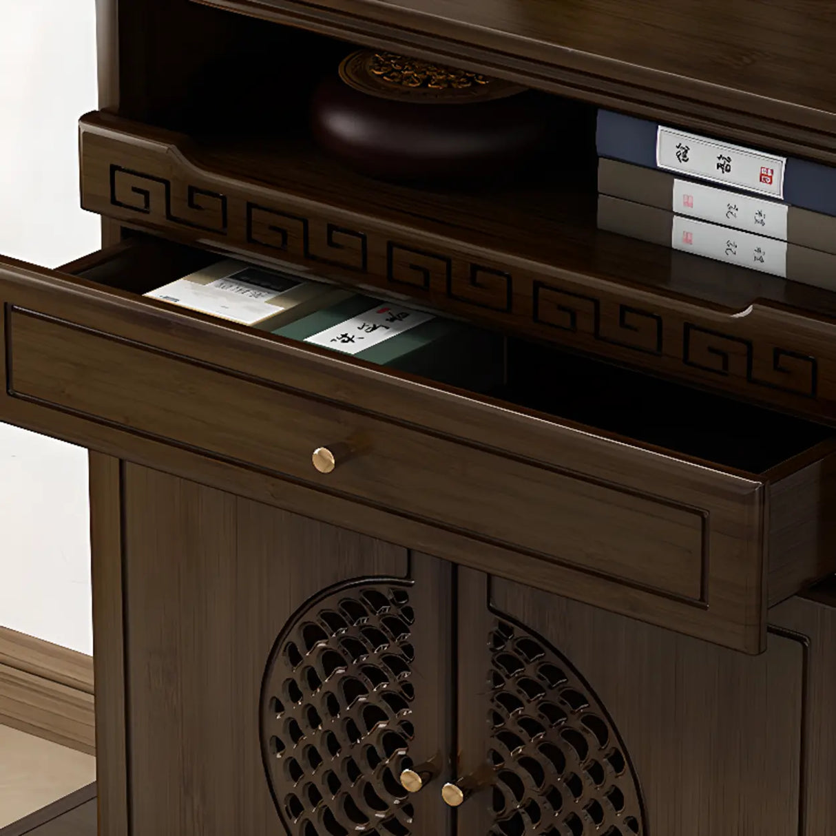 Traditional Wood Dark Brown Storage Entryway Console Table Image - 10