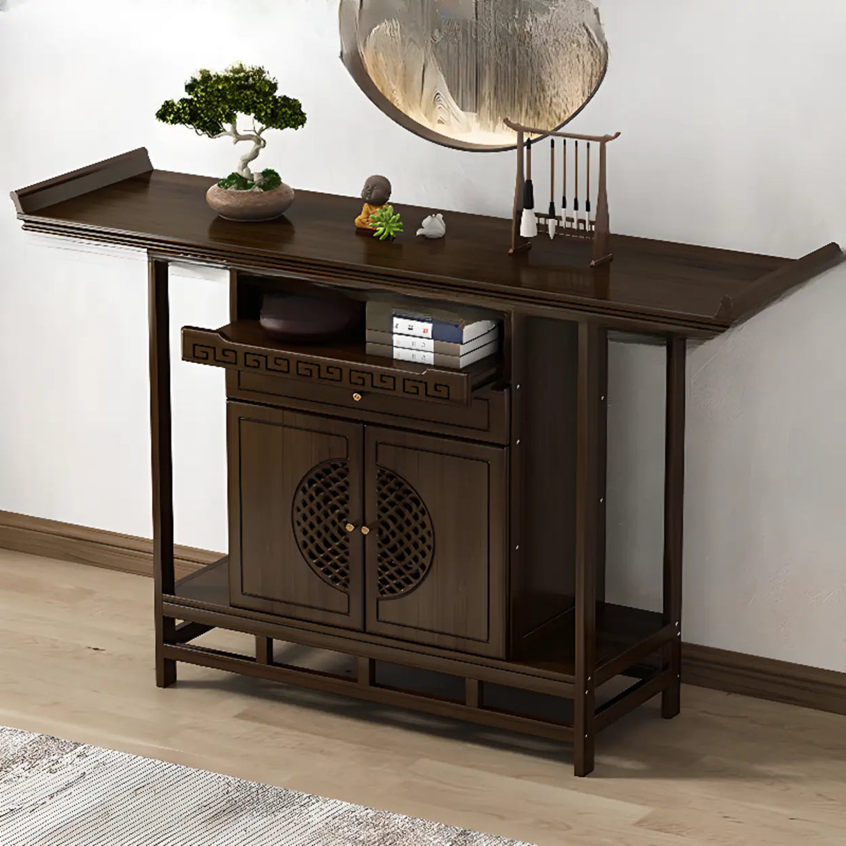 Traditional Wood Dark Brown Storage Entryway Console Table Image - 11