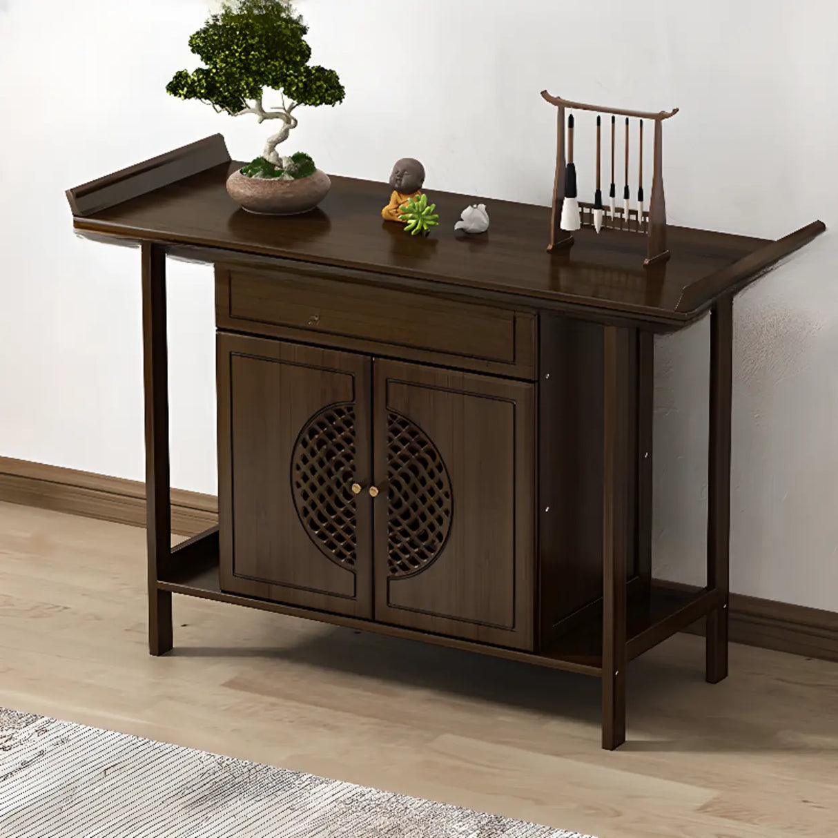 Traditional Wood Dark Brown Storage Entryway Console Table Image - 2