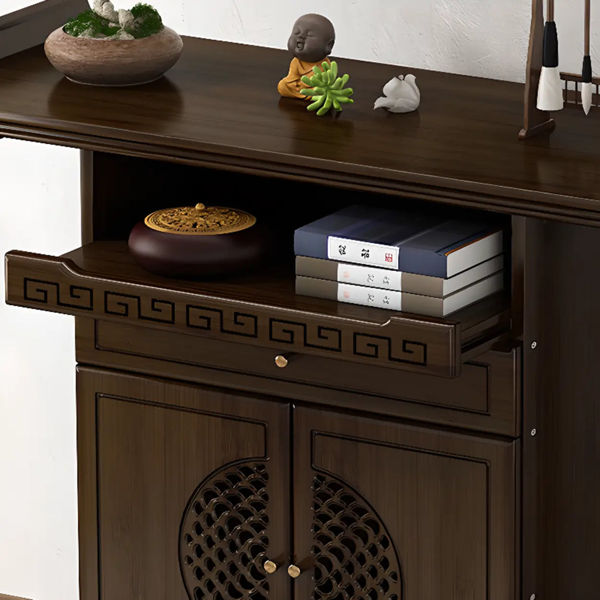 Traditional Wood Dark Brown Storage Entryway Console Table Image - 13