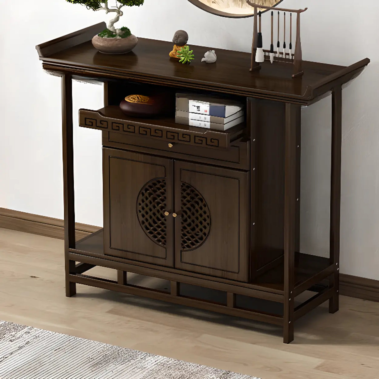 Traditional Wood Dark Brown Storage Entryway Console Table Image - 3