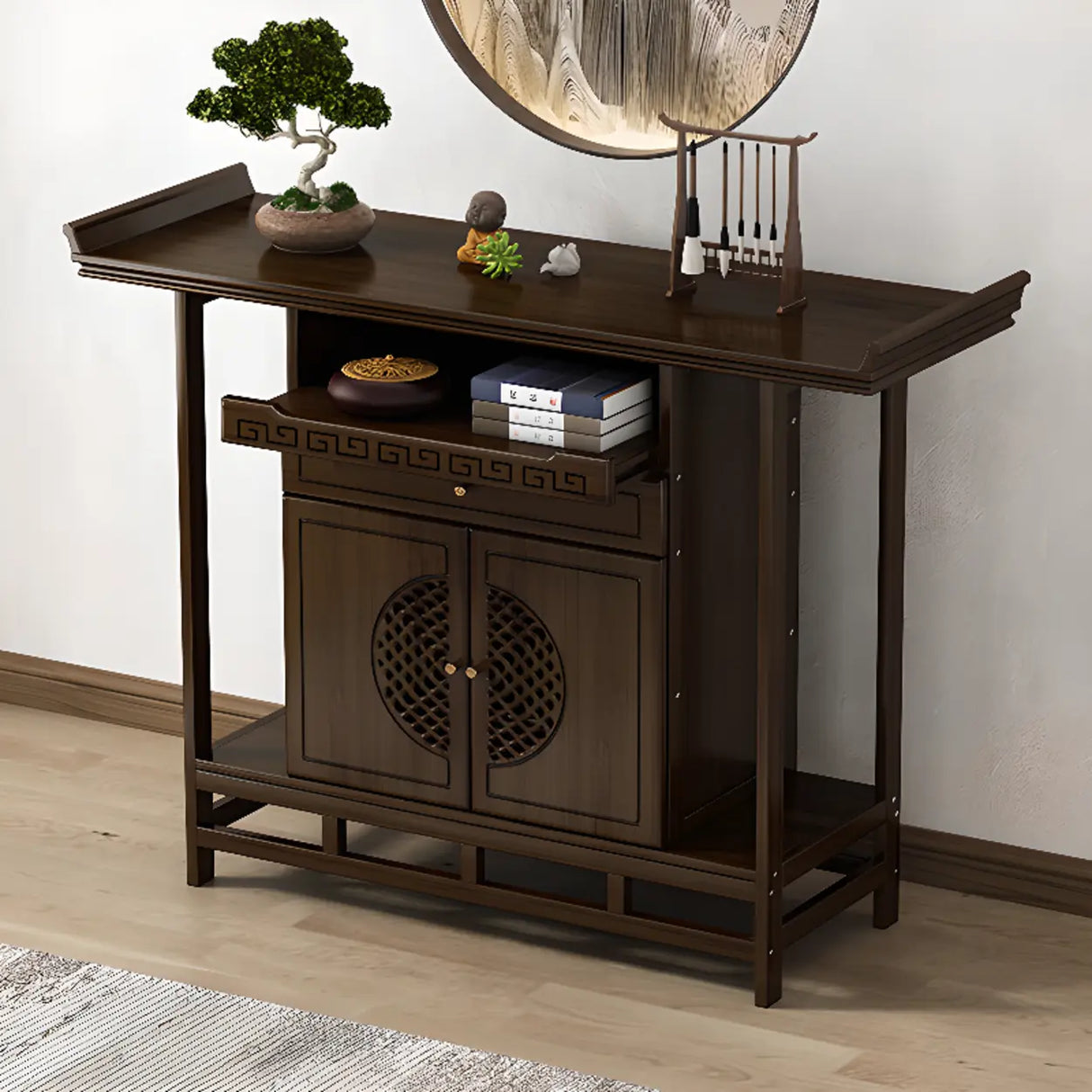 Traditional Wood Dark Brown Storage Entryway Console Table Image - 4