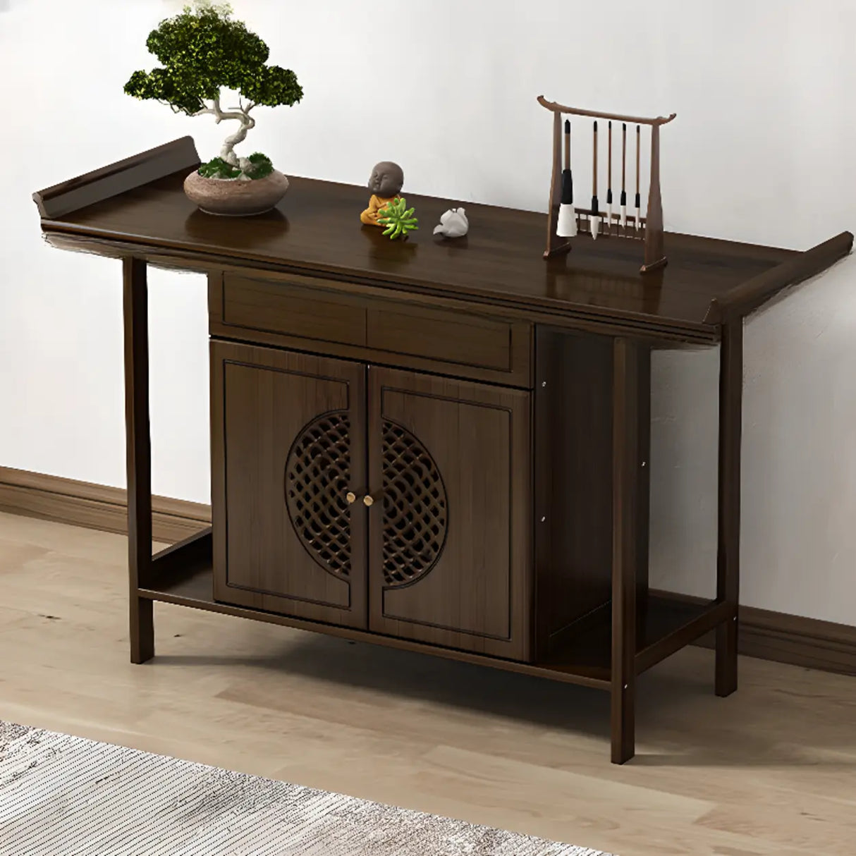 Traditional Wood Dark Brown Storage Entryway Console Table Image - 5