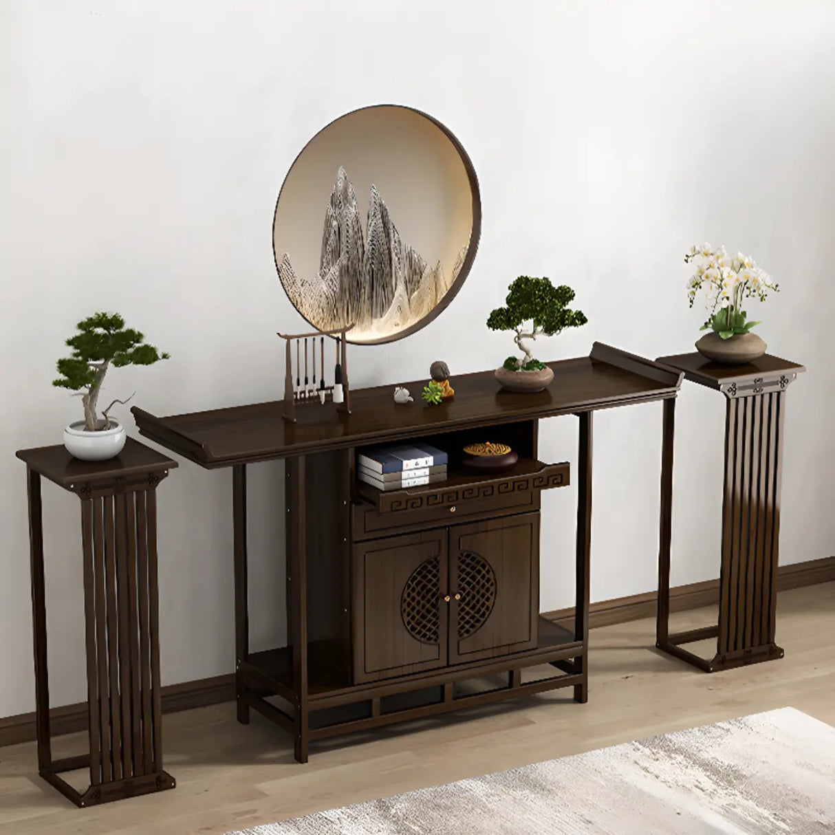 Traditional Wood Dark Brown Storage Entryway Console Table Image - 6