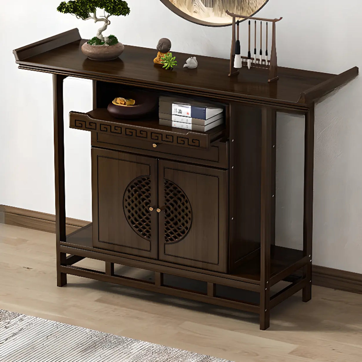 Traditional Wood Dark Brown Storage Entryway Console Table Image - 7