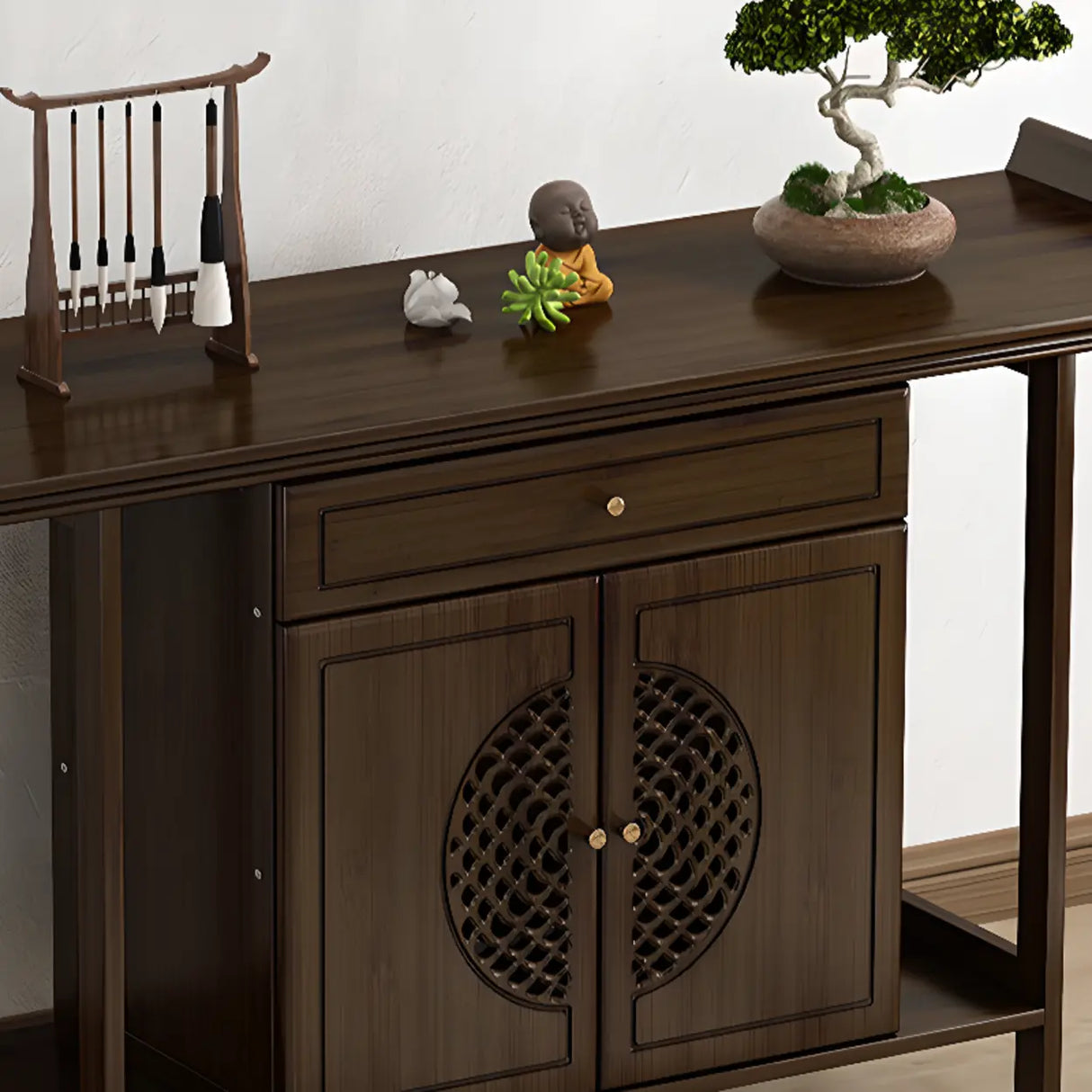 Traditional Wood Dark Brown Storage Entryway Console Table Image - 8