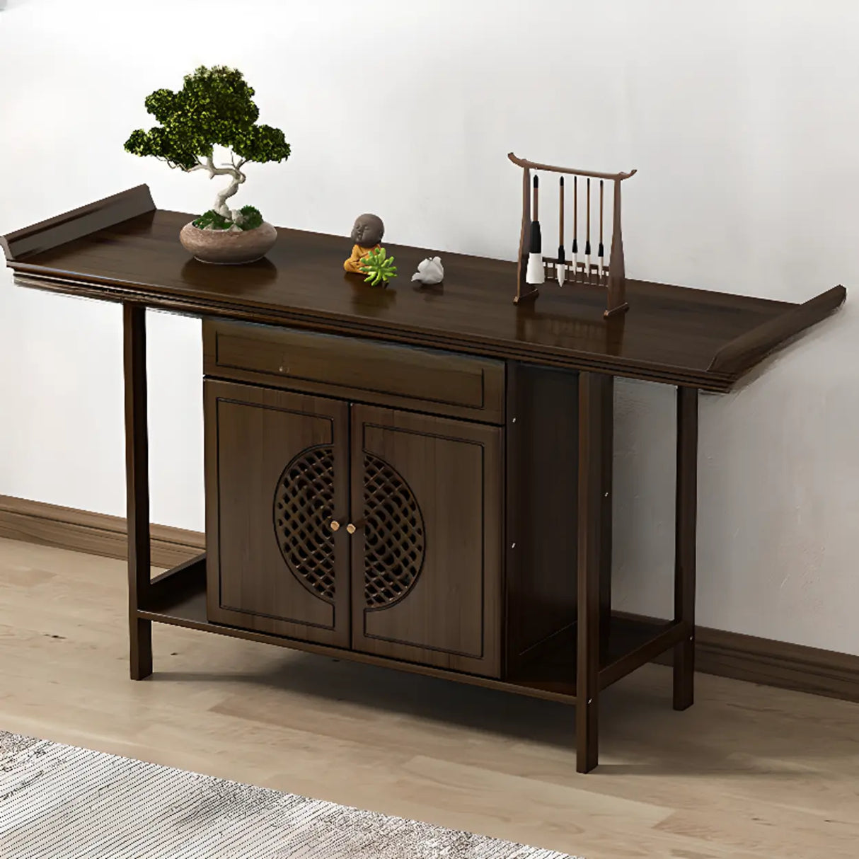 Traditional Wood Dark Brown Storage Entryway Console Table Image - 9