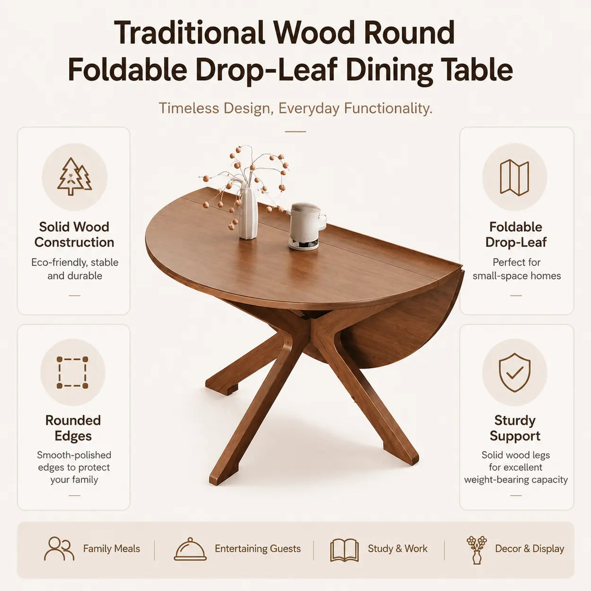 Traditional Wood Round Drop Leaf Foldable Dining Table Image - 3