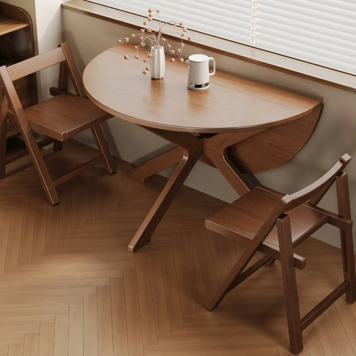 Traditional Wood Round Drop Leaf Foldable Dining Table Image - 4