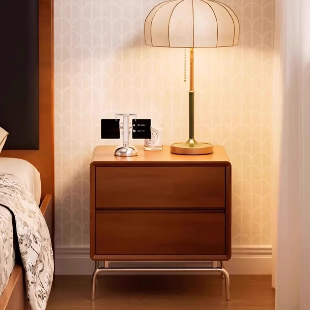 Traditional Wooden Nightstand with Drawers and Metal Legs Image - 1