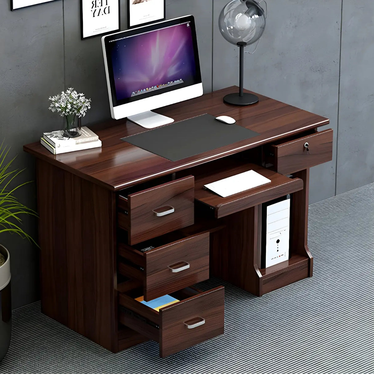 Traditional Wooden Sled Writing Desk with Cabinet Image - 14