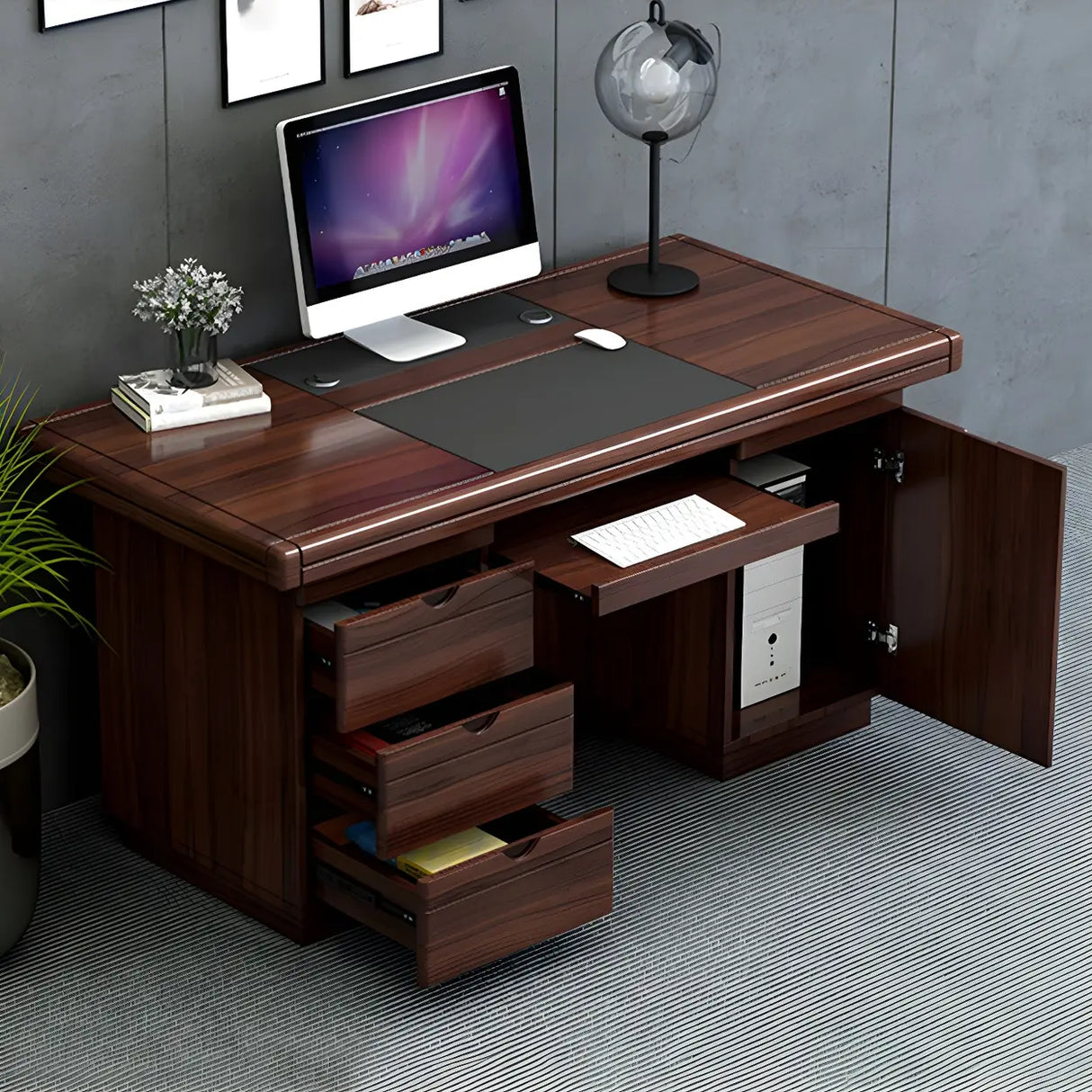 Traditional Wooden Sled Writing Desk with Cabinet Image - 15