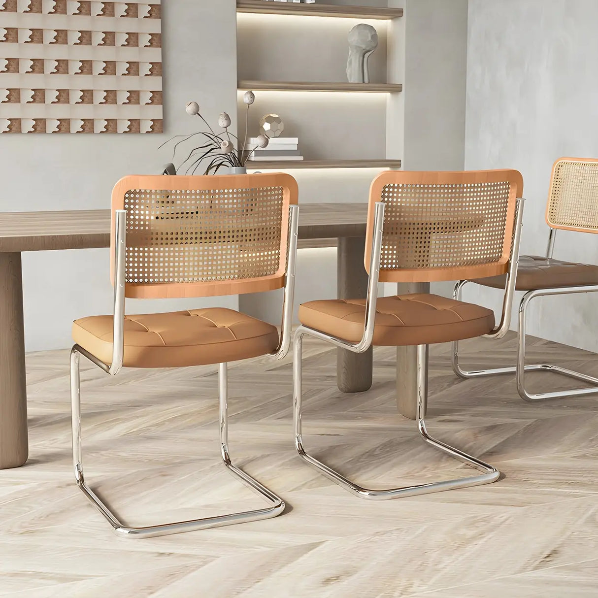 Transitional Faux Leather Dining Chair with Cane Back Image - 4