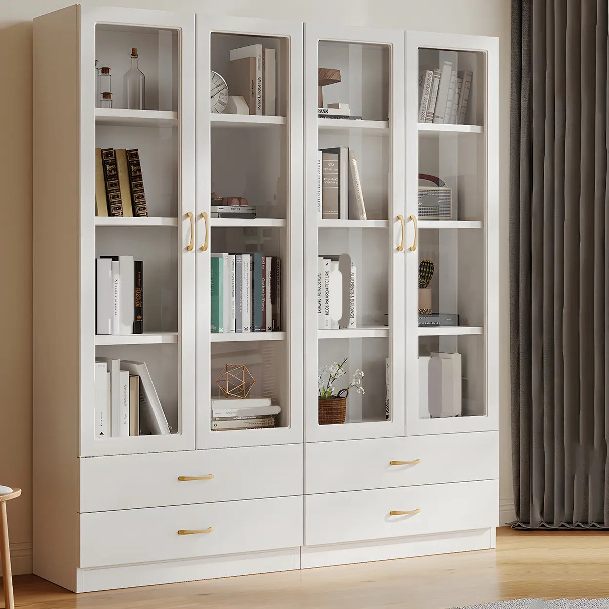 Transparent Glass Door Wooden Cabinet Storage Bookcase Image - 1