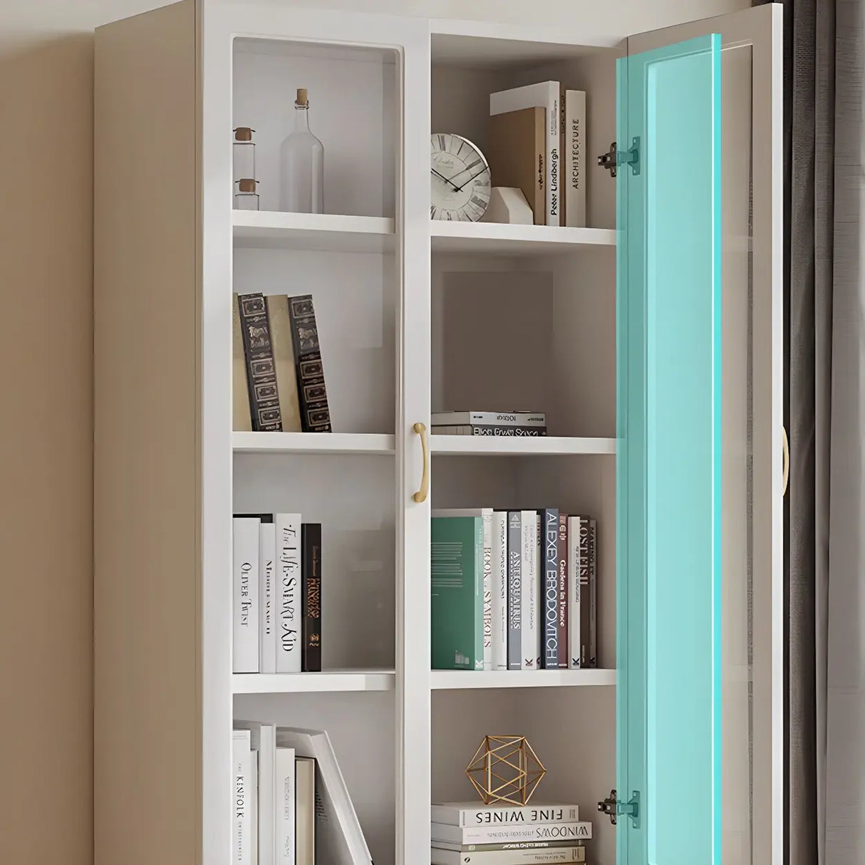 Transparent Glass Door Wooden Cabinet Storage Bookcase Image - 16