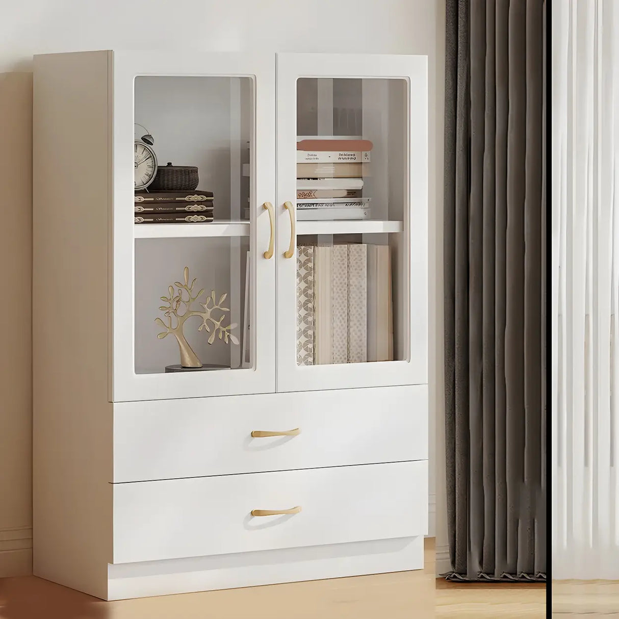 Transparent Glass Door Wooden Cabinet Storage Bookcase Image - 2