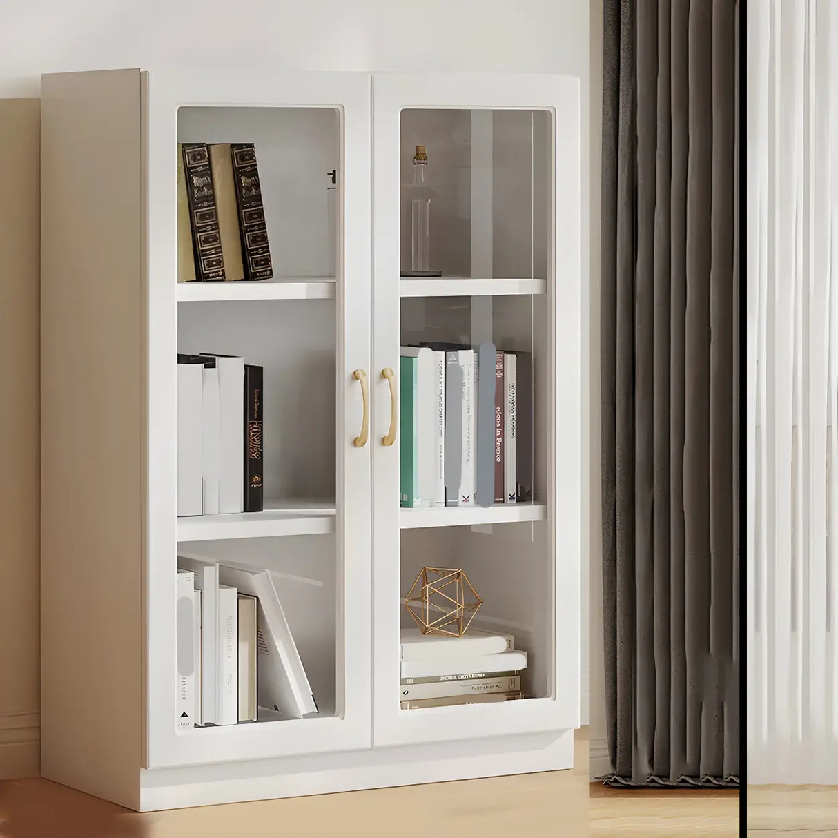 Transparent Glass Door Wooden Cabinet Storage Bookcase Image - 3