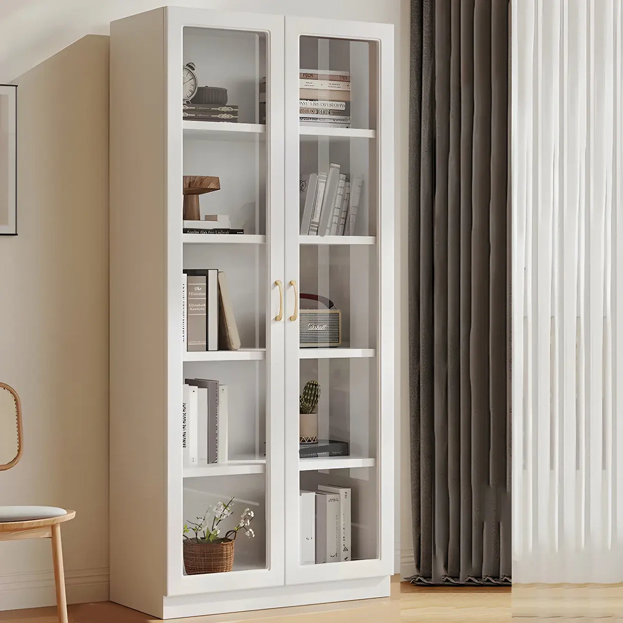 Transparent Glass Door Wooden Cabinet Storage Bookcase Image - 8